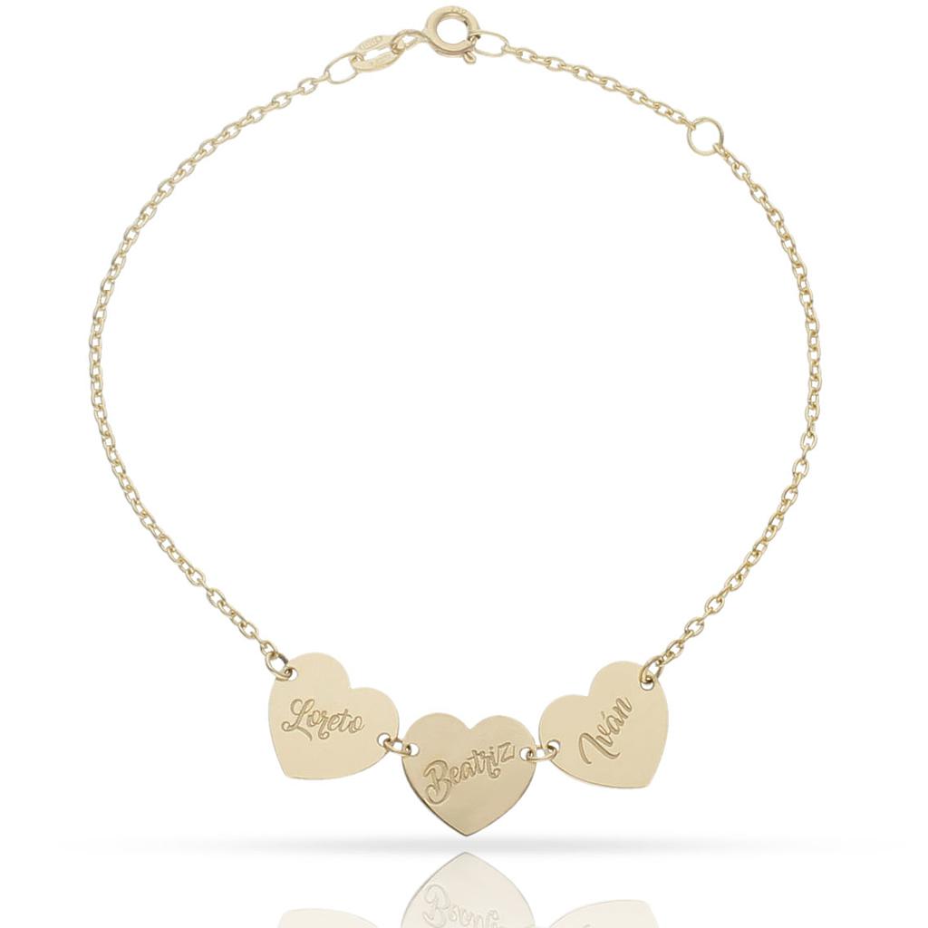 Pulsera con chapas + corazones en Oro 18 K