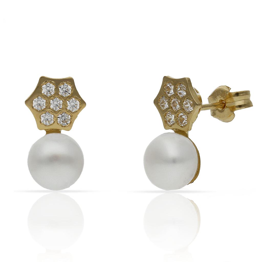 Pendientes en Oro de 18 Kl. con perlas chinas y circonitas. Cierre presión. Medida de la perla: 6mm. Medidas del pendiente: 6.50x12mm.