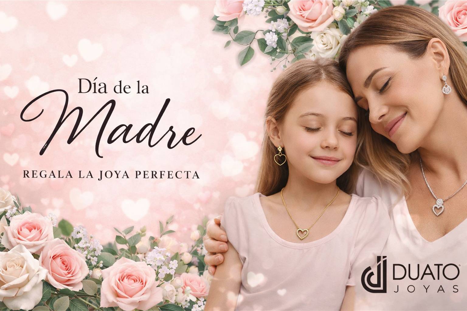 Madre e hija abrazándose con rosas de color rosa y fondo rosa